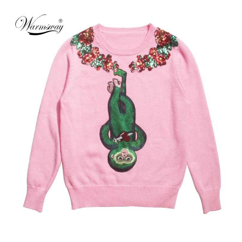 Women Sweater Sequin Beading Embroidery Animal Knitted Jumper Runway Design Long Sleeve Pullovers Top Sweet Autumn Winter C-207