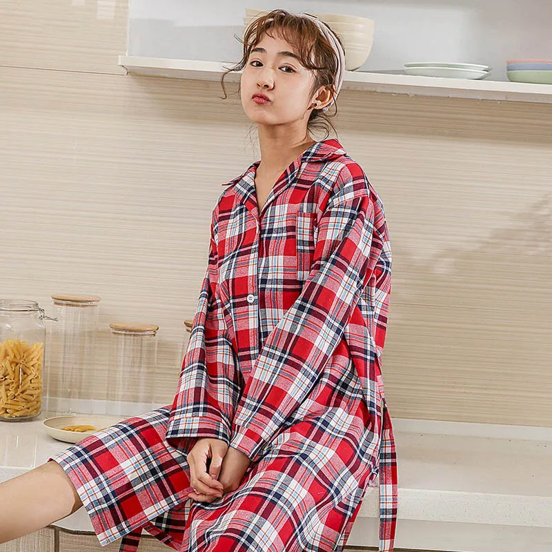 

2019 Spring New Ladies Plaid Cotton Sleepwear Turn-down Neck Homewear Comfort Long Sleeve Women's Sleepshirt Loose Casual Wear