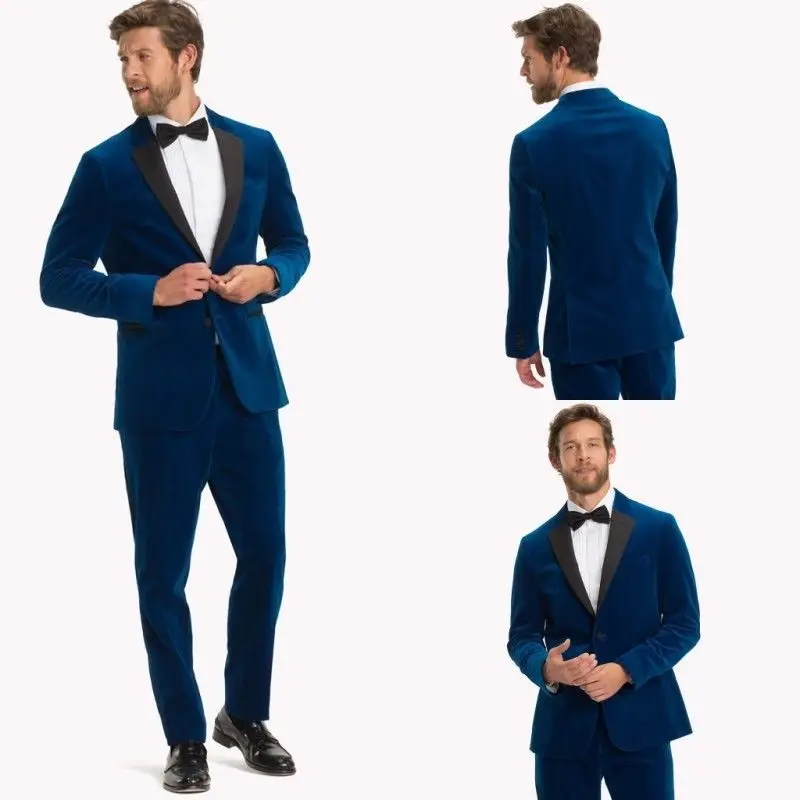 Blue Velvet Men's Prom Dinner Tuxedos Coat Pants Double Vent Party Groom Suits Blue Velvet Men's Prom Dinner Tuxedos Coat Pants Double Vent Party Groom Suits