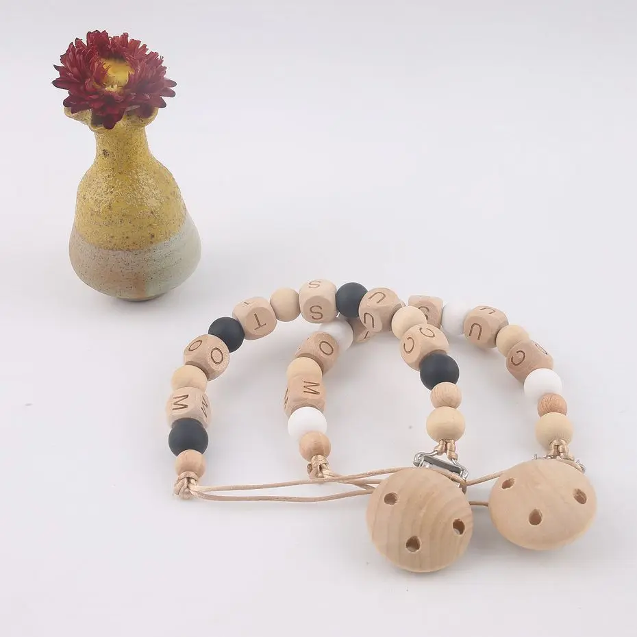 1PC Pacifier Chain DIY Crafts Personalised Gifts Custom Baby Name Dummy Chain Wooden Beads Wood Teether Chew Toys Pacifier Clip