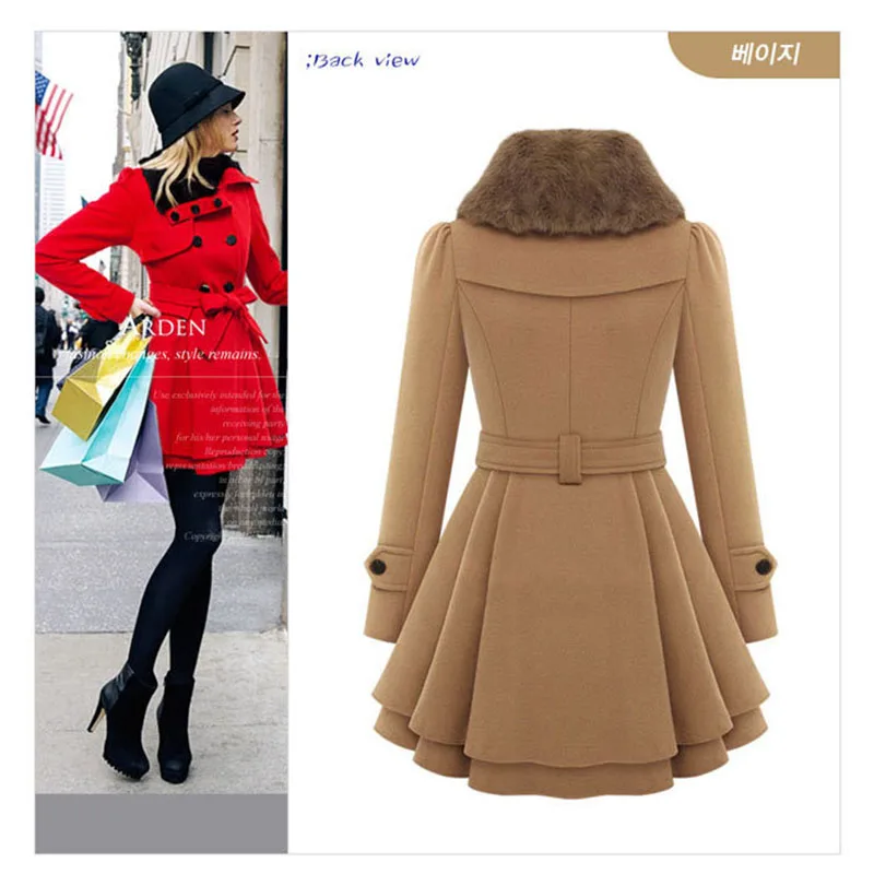 Women Long Coats Dress 2016 Winter Warm Womens Woolen Coats Faux Fur