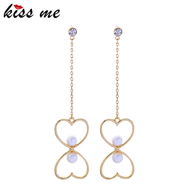 

KISS ME Lovely Imitation Pearl Heart Earrings for Women 2019 Korean Fashion Gold Color Alloy Long Dangle Earrings Luxury Jewelry
