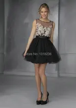 Kostenloser Versand Schwarz Eine Linie Scoop Sleeveless Cocktailkleider Organza Appliques Zurück Reißverschluss Kurzen Rock Zoll Größe