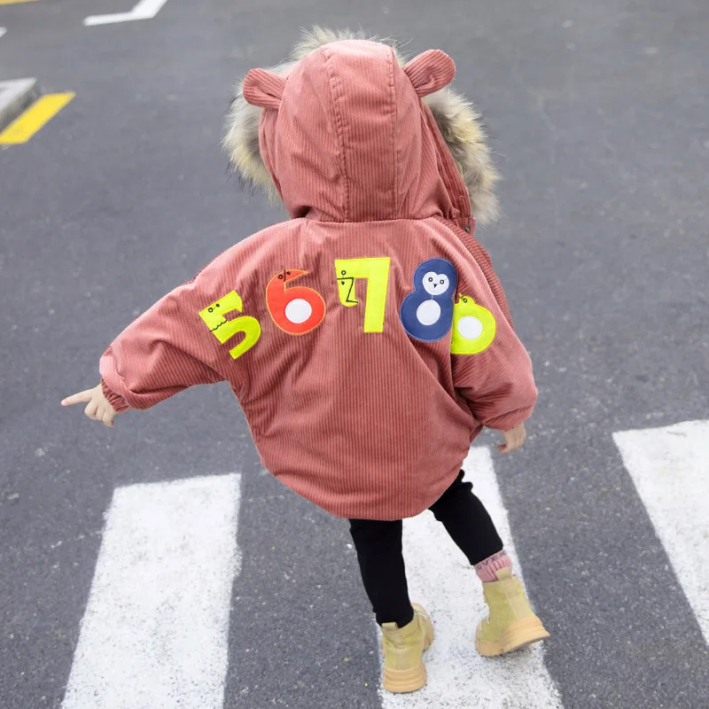 

Novel Girls Jackets Kids Faux Fur Collar Coat Inside Lambswool Children Winter Outwear Hooded Cartoon letter Baby Boys Parka