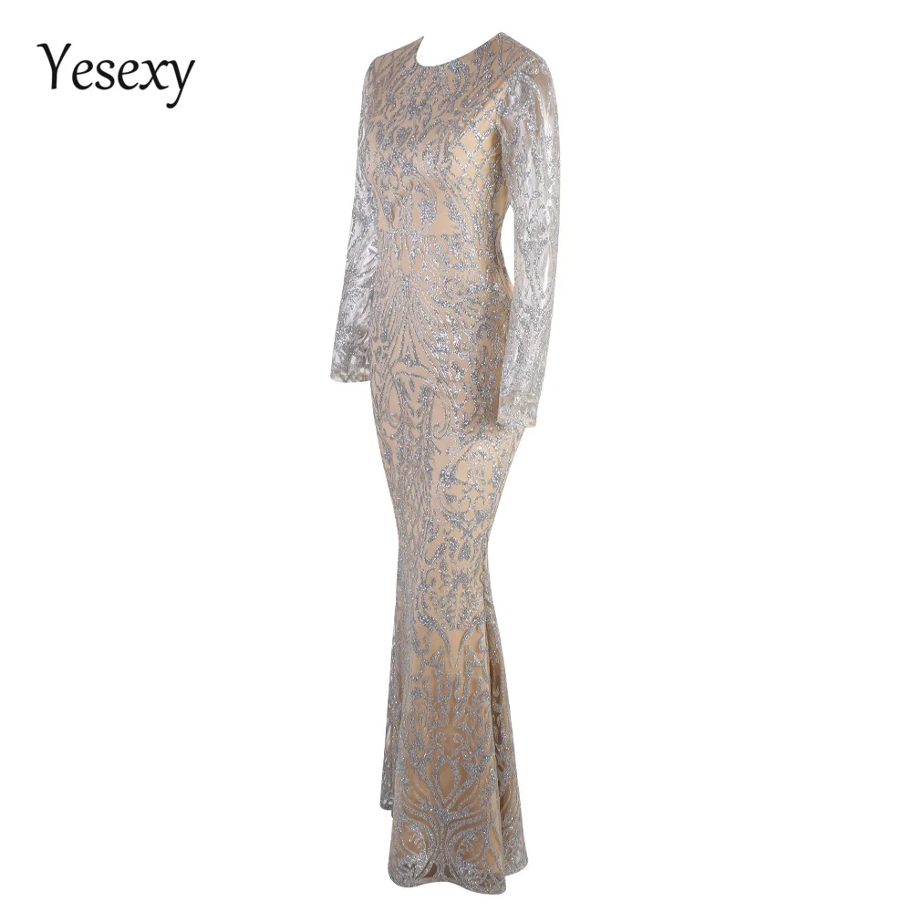 Yesexy, элегантное блестящее женское платье с круглым вырезом и длинным рукавом, летнее платье в пол, макси платье, vestidos VR8520