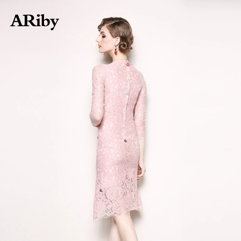 Dress Women Vestidos Sweet Lace Pink Dress 2019 Spring Elegant High-end Floral Embroidery Party Night O-Neck Knee-Length Dress Dress Women Vestidos Sweet Lace Pink Dress 2019 Spring Elegant High-end Floral Embroidery Party Night O-Neck Knee-Length Dress