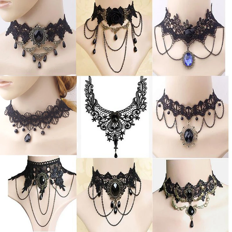 

JINGLANG Fashion Lace Rope Chain Chokers Necklace Dangle Crystal Beads Charms Short Statement Necklaces Jewelry