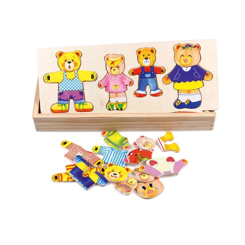 

Wooden Baby Child Bear Changing Clothes Male Girl Baby Puzzle Three-Dimensional Puzzle Building Blocks Toy Suitable For 1-4 Ye