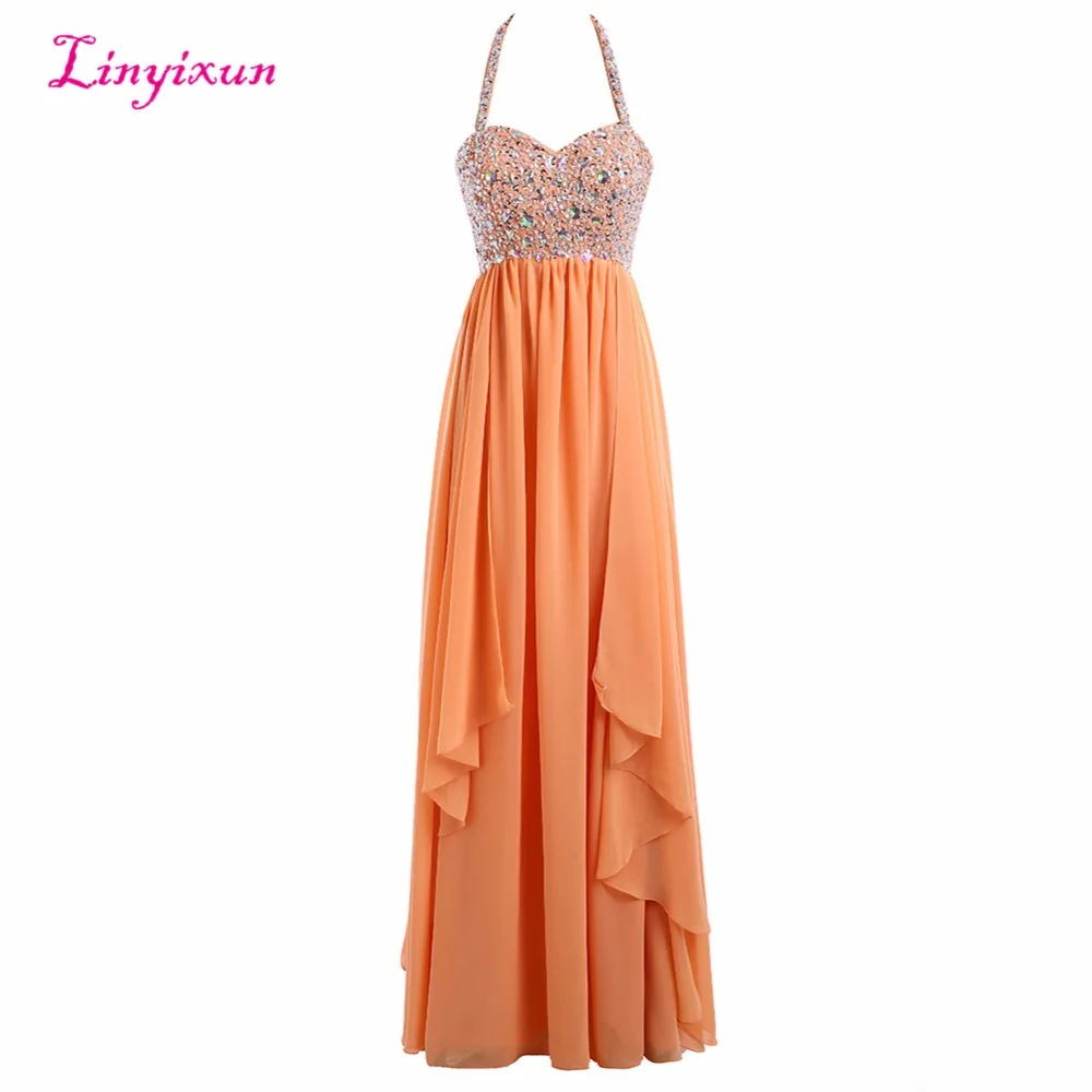 Linyixun Real Photo Sexy Long Prom Dresses Chiffon Halter Formal 