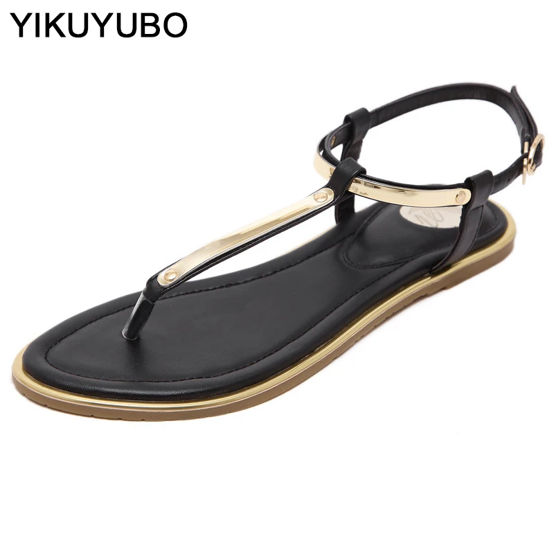 Best YIKUYUBO 2019 Fashion Flat Sandals For Women Summer Ladies Pumps Buckle Strap Sandal Shoes Black Big Size Beach Woman Sandals