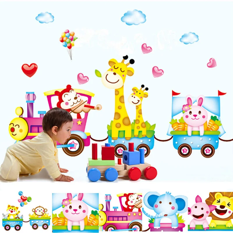 

Waterproof Multicolor Cute Cartoon Animals At The Train Wall Stickers Wall Paper Roll Wallpapers For Children Room Bathroom