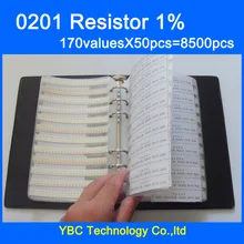 0201 SMD резистор 1/16 Вт книга с образцами 1% Допуск 170valuesx50pcs = 8500 шт. Резистор Комплект 0R~ 10 м