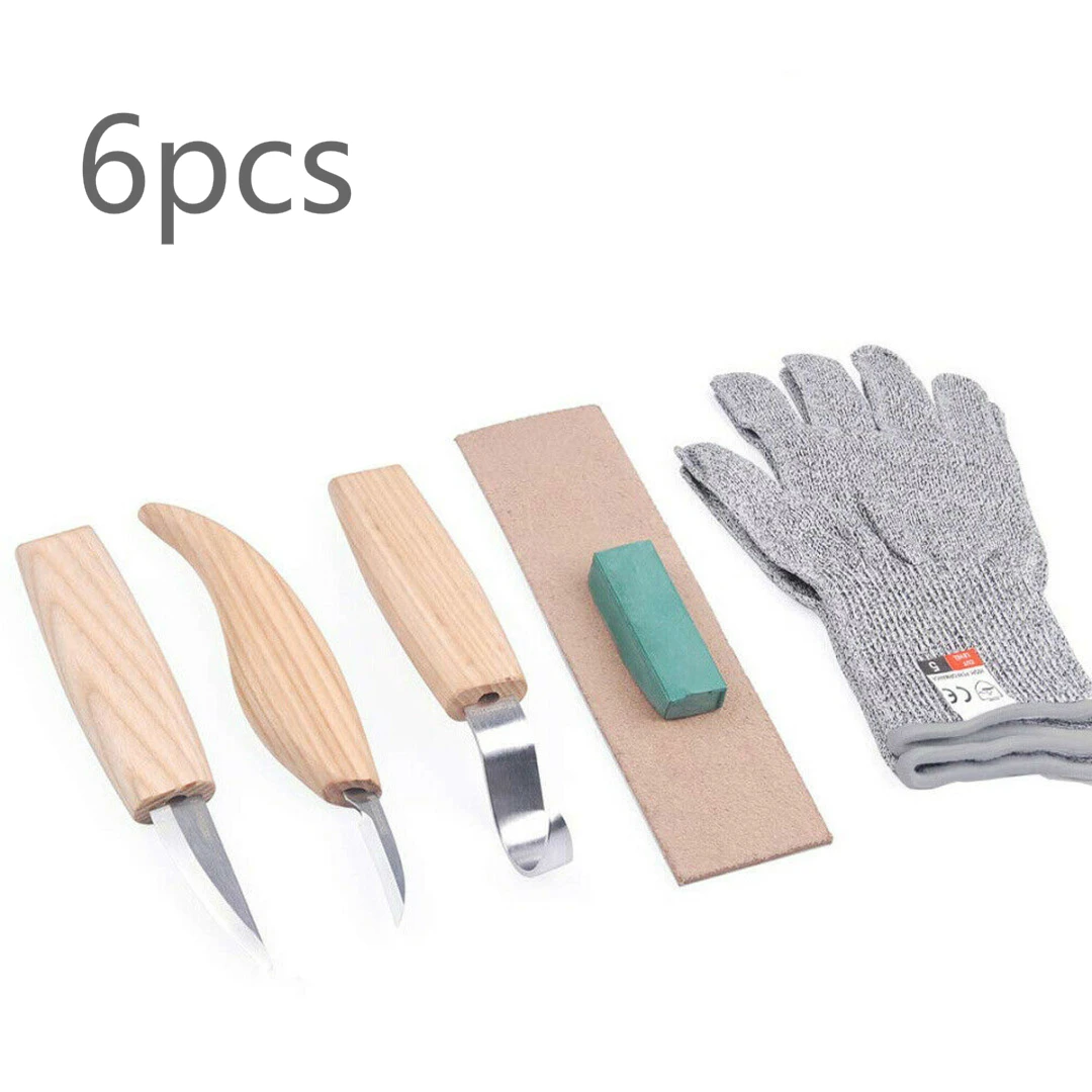 

5pc Woodworking Carving Knife Bending Straight Knife + Anti-cutting Gloves Wood Carving Tool Chisel Woodworking Hand Tools