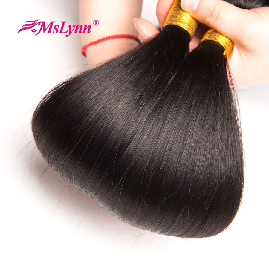altBrazilian Straight Hair Weave Bundles With Closure 4PCS Human Hair Bundles With Closure 4*4 Natural Color Mslynn Non Remy Hair