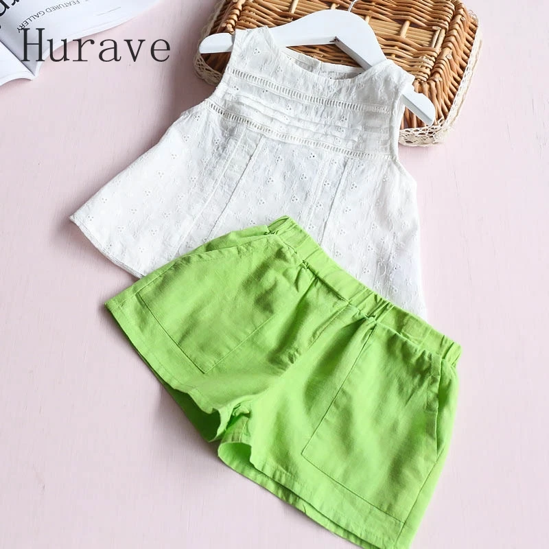 Hurave 2017 Summer Casual Style Children Baby Clothing Sets Kids Girl Hollow Out Vest Short 2PC