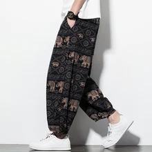 Хлопковые льняные широкие брюки с принтом, Мужские штаны для бега в стиле хип-хоп, штаны-шаровары, уличная одежда, спортивные штаны, повседневные свободные мужские брюки s