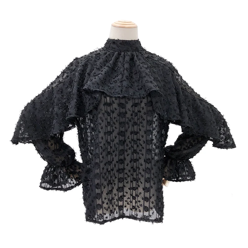 Fall New Women Blending Ruffle Loose Pullover Shirts Ladies Fur Polka Dot Puff Sleeves Blouse Suits Female Stand Collar Tops