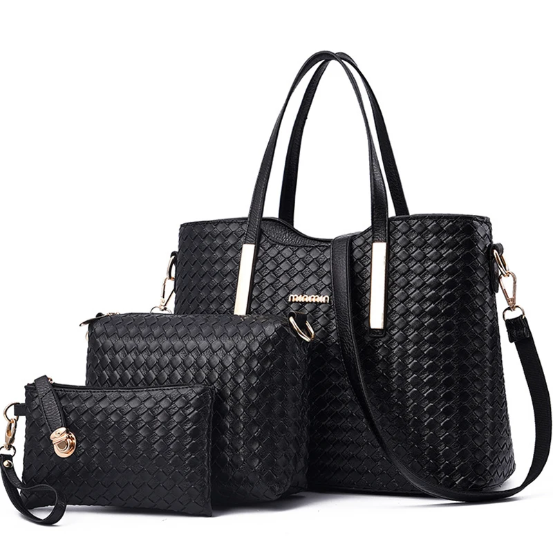 

Women Handbag 3 Sets Composite Bags Handbags And Purses Woven Pattern Women Shoulder Bag Rivets High Quality Vintage Leather