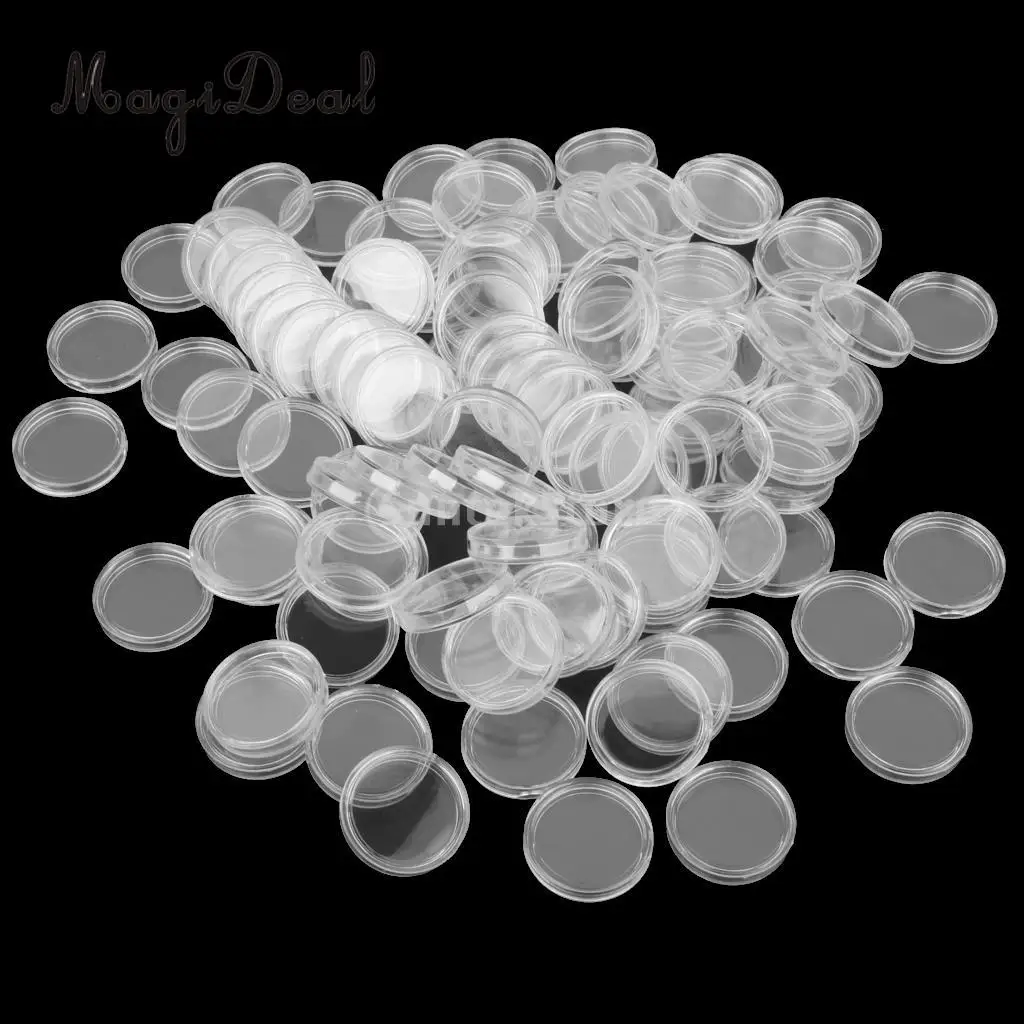 

MagiDeal 100pcs/Lot Clear Coin Capsules Containers Boxes Holders 21mm/24mm/26mm/ 30mm /32mm /40.6mm