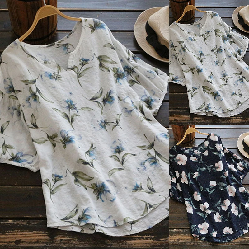 2019 New Summer Women Cotton Linen Top Blouse Soft Floral Print Loose Shirt Femme Casual O neck Plus Size Shirts Casual S-4XL