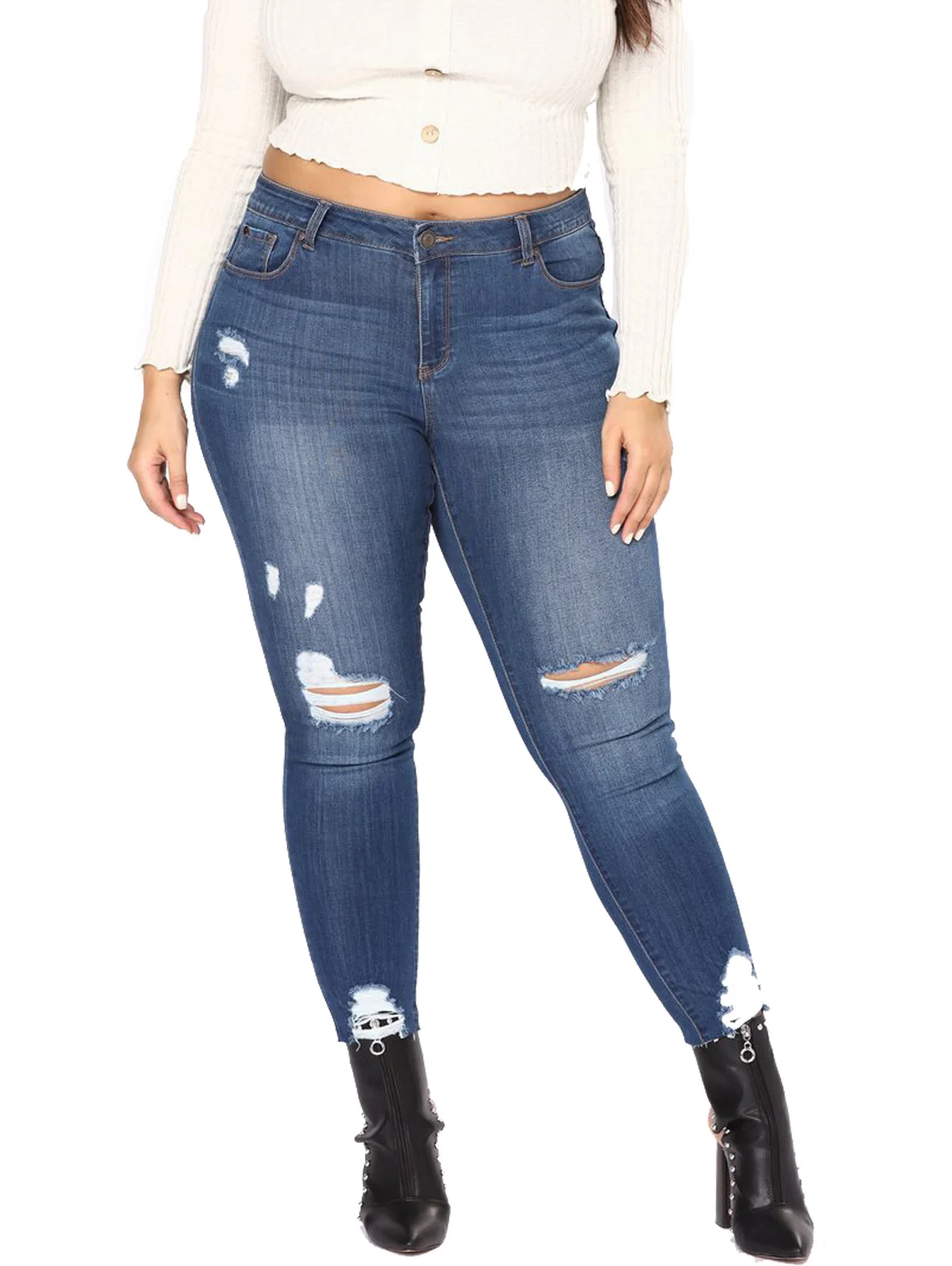 Wipalo размера плюс, женские узкие синие джинсовые брюки-карандаш с высокой талией, женские рваные джинсы с эффектом потертости, женские джинсы 4XL 5XL 6XL 7XL, большие бедра - Цвет: Denim Blue
