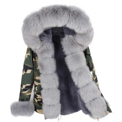 Бренд настоящий пуховик с мехом лисы зимняя куртка для женщин большой натуральный воротник теплый толстый серебристый PU Parkas зимнее пальто для женщин - Цвет: Camouflage gray