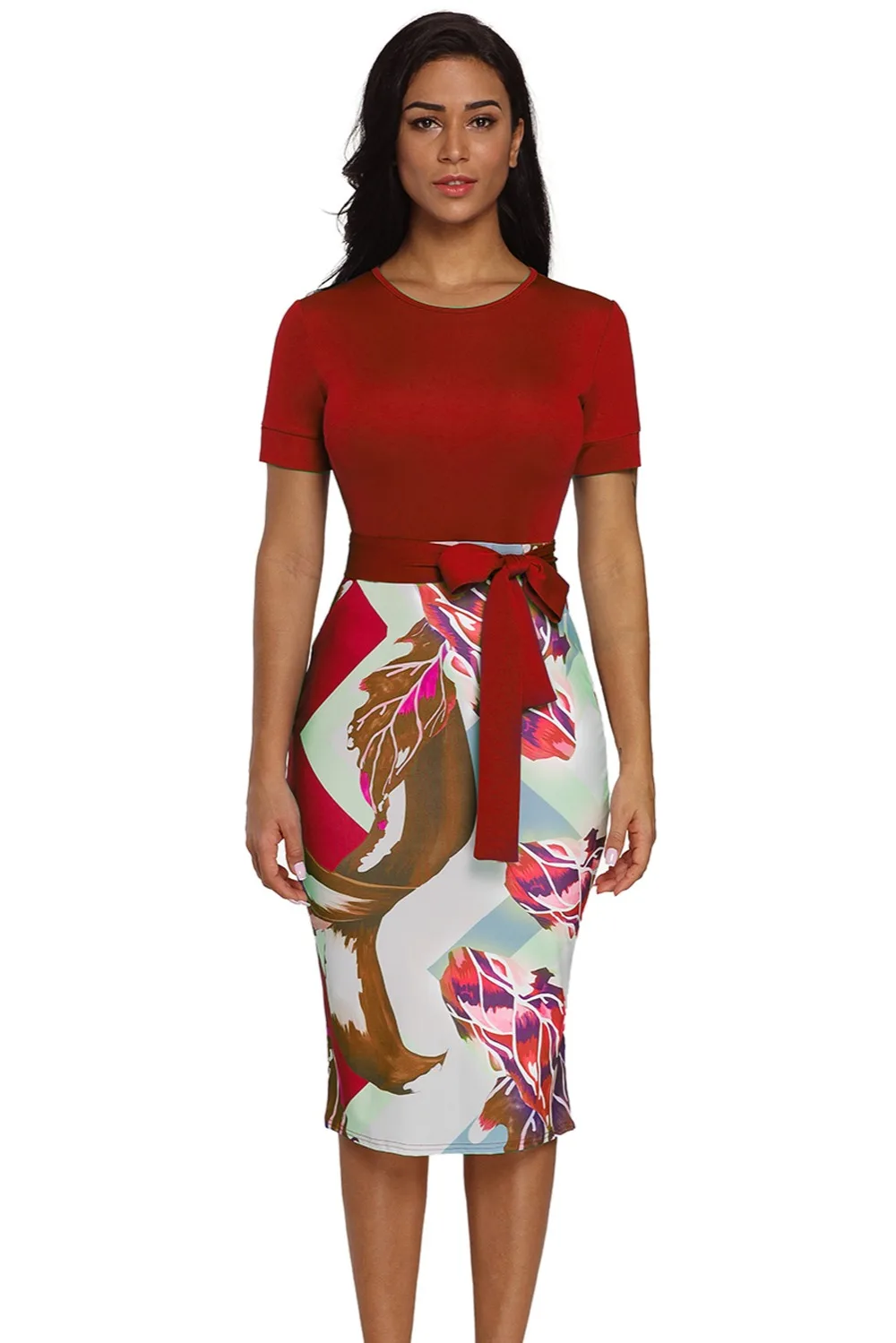 Red-Bowknot-Short-Sleeve-Printed-Sheath-Dress-LC610096-3-1