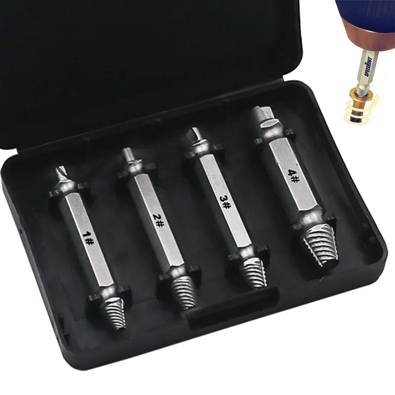 

4 Piece Screw Extractor Damaged Screw Remove Bit Guide Device Broken Speed Output Easy Bolt Stud Peeling Removal Tool