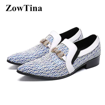 

Italian Men Formal Oxford Shoes Rhinestone Buckle White Wedding Shoes for Man Slip On Printing Creepers Sapatos Masculino Flats