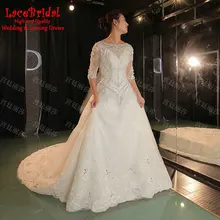 Luxury Ball Gown Cathedral Train 3/4 Sleeve Beaded Lace Flowers Diamond Rhinestone Wedding Dresses 2016 White Bridal Gowns XW160