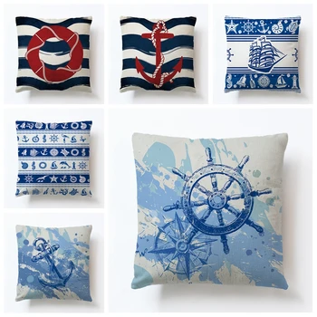 

Flax Pillow Sleeve Blue And White Porcelain Style Sea Anchor Icon Sofa Cushion Pillow Automobile Cushion Home Decor