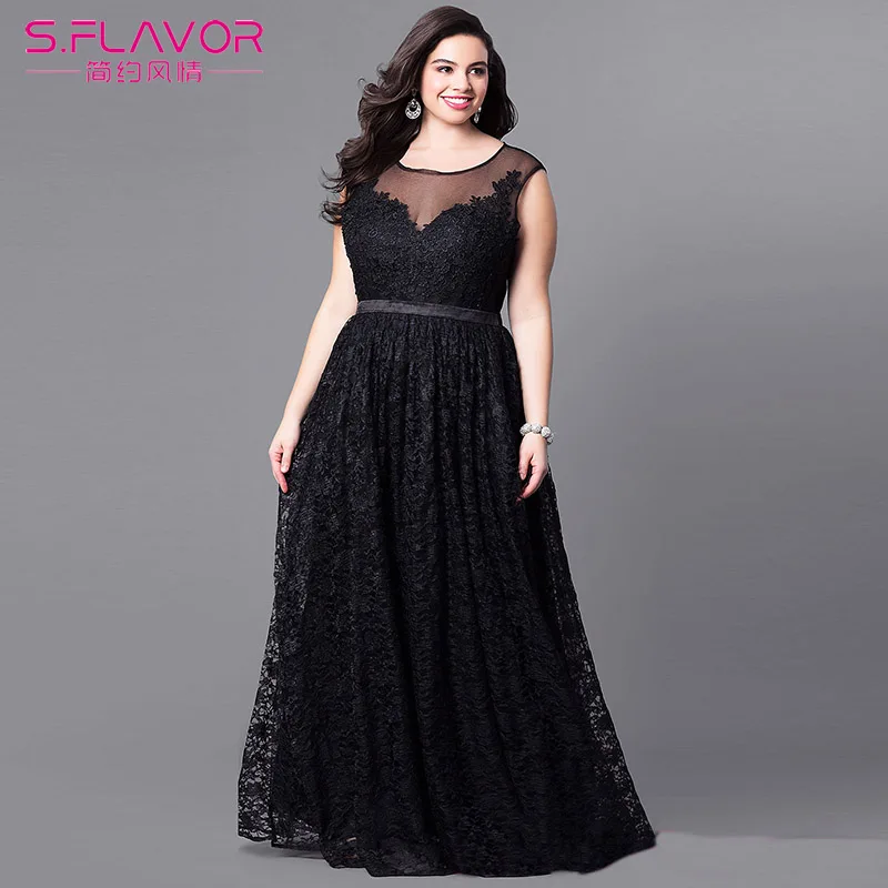 

S.FLAVOR Women Elegant Lace Patchwork Party Dress Summer High Quality Plus Size O Neck Sleeveless Long Maxi Dressn Vestidos