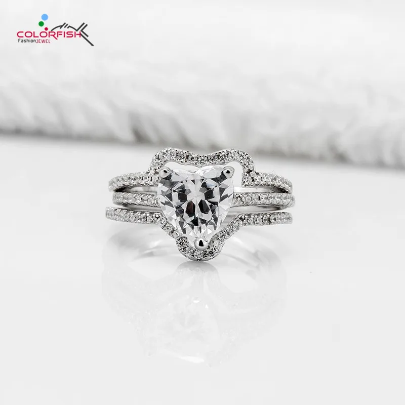 

COLORFISH Ring Set For Women Heart Cut 2 Ct Genuine 925 Sterling Silver Fashion Jewelry Two Design Bridal Ring Set Love Promise