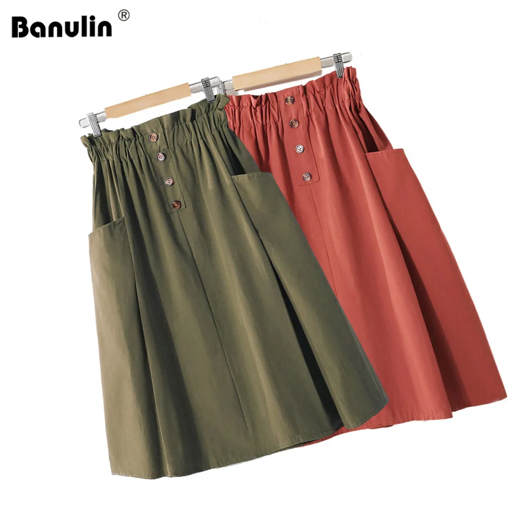 

2019 Womens Skirts Elegant Button High Waist Pocket Korean Skirt Female Cotton Pleated A-Line Midi Skirt Femininas Faldas Mujer