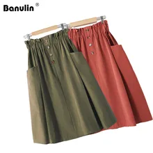 2019 Womens Skirts Elegant Button High Waist Pocket Korean Skirt Female Cotton Pleated A-Line Midi Skirt Femininas Faldas Mujer 2019 Womens Skirts Elegant Button High Waist Pocket Korean Skirt Female Cotton Pleated A-Line Midi Skirt Femininas Faldas Mujer