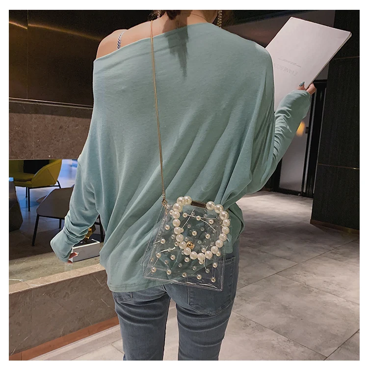 Прозрачная пвх желейная сумка женская летняя новая корейская цепь прозрачные перламутровые ручки желейная сумка через плечо модная женская сумка через плечо