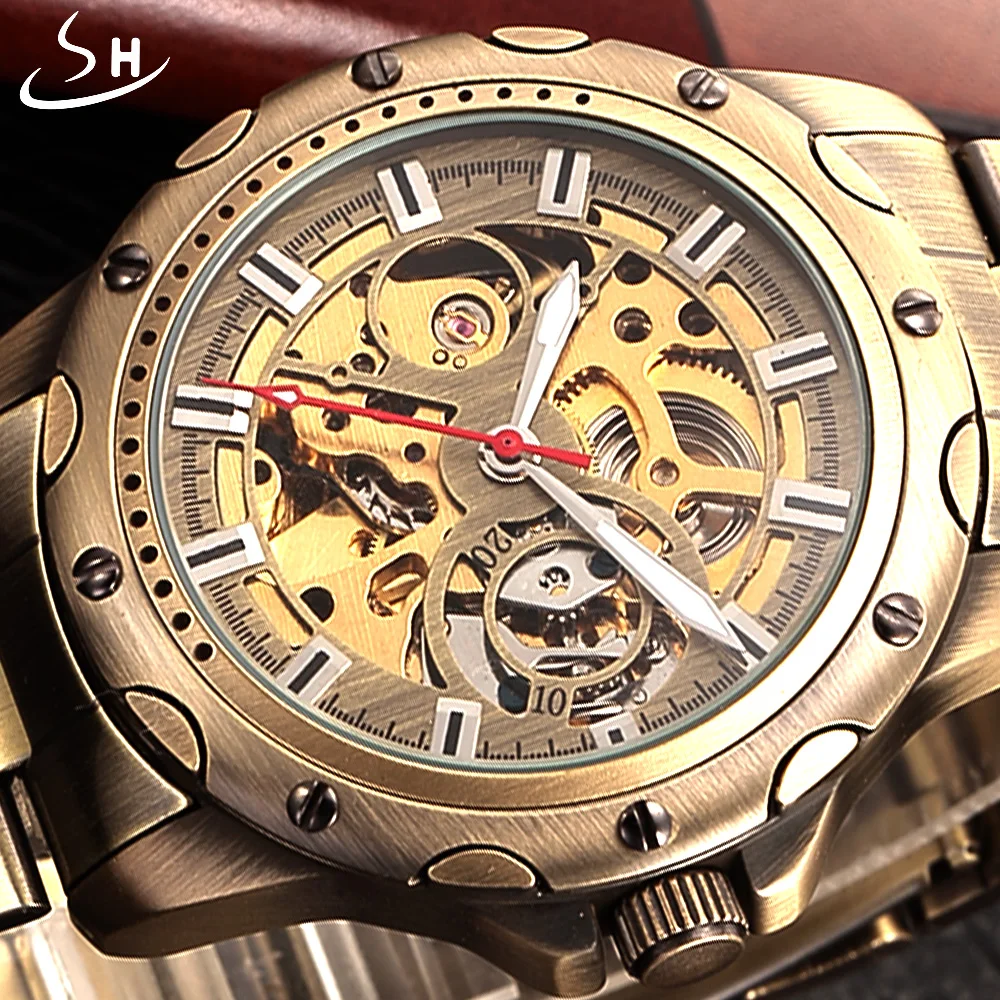 En Ligne SHENHUA Bronze Squelette Montre Mécanique Hommes Montre Automatique Sport Luxe Top Marque Montre En Acier Inoxydable Vintage Relogio Masculino