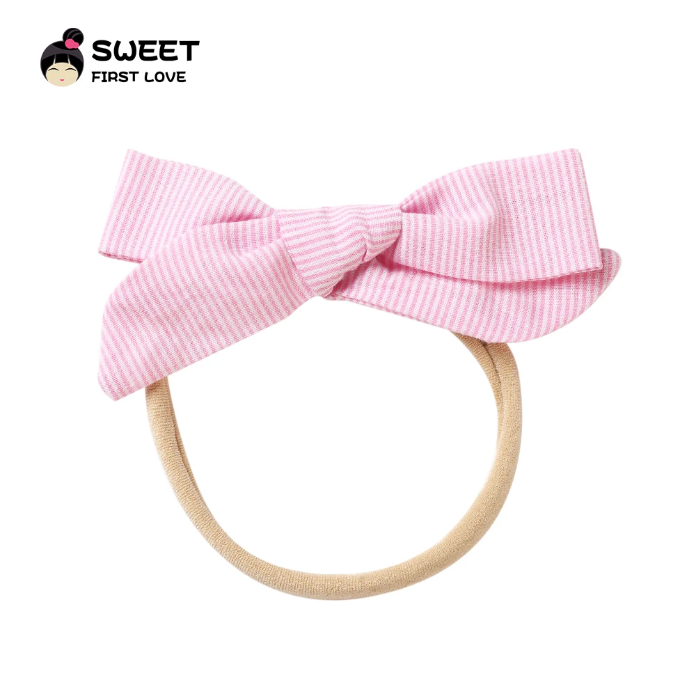 

1PCS 9.5*4cm Handtied Cotton Fabric Bow Headbands, Striped Bow Elastic Nylon Headwear Headdress Girls Hair Accessories