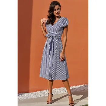 

Striped high waist dress new women's summer V-neck short-sleeved dress with A word dress women's beach