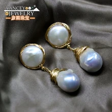 2017 New YANCEY Original design, Natural Freshwater Baroque Pearl Drop Earrings for women with 9K gold tassel Fine Drop Earrings