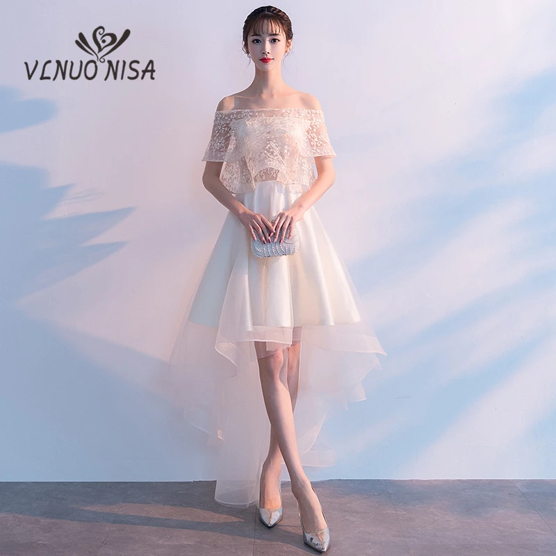 

Champagne High Low Tulle Evening Dress Delicate Embroidery Boat Neck Asymmetrical Gown Formal Party Special Occasion Dress 30