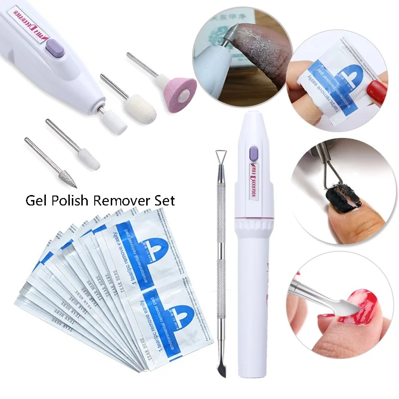 

3Pcs UV Gel Remover Kit Electric Nail Drill 5 Tips Buffer File Grinding 10pcs Gel Polish Remover Pads Stainless Steel Nail Rod