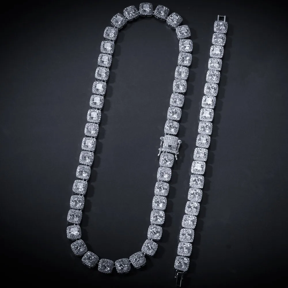 UWIN 10 мм комплект ювелирных изделий золото/белое золото Bling квадратная льдом звено цепи ожерелье и браслет комплект высшего качества хип-хоп Прямая - Окраска металла: silver necklace