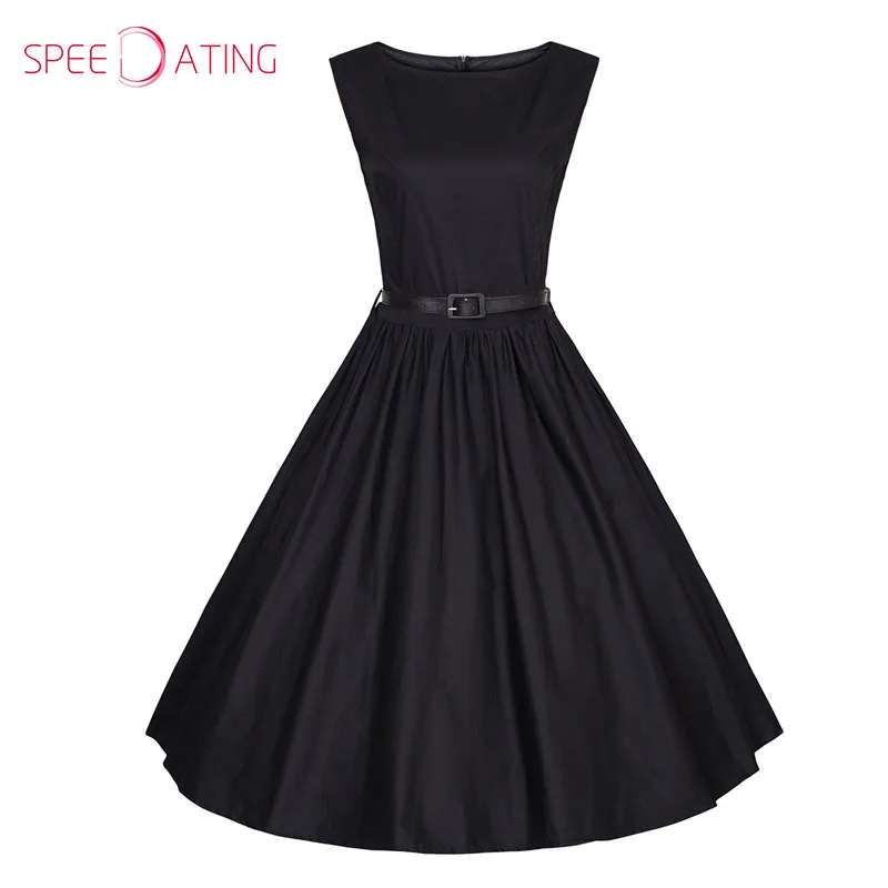 New Square Neck Belt Plain Skater Dresses Vintage Black Sleeveless