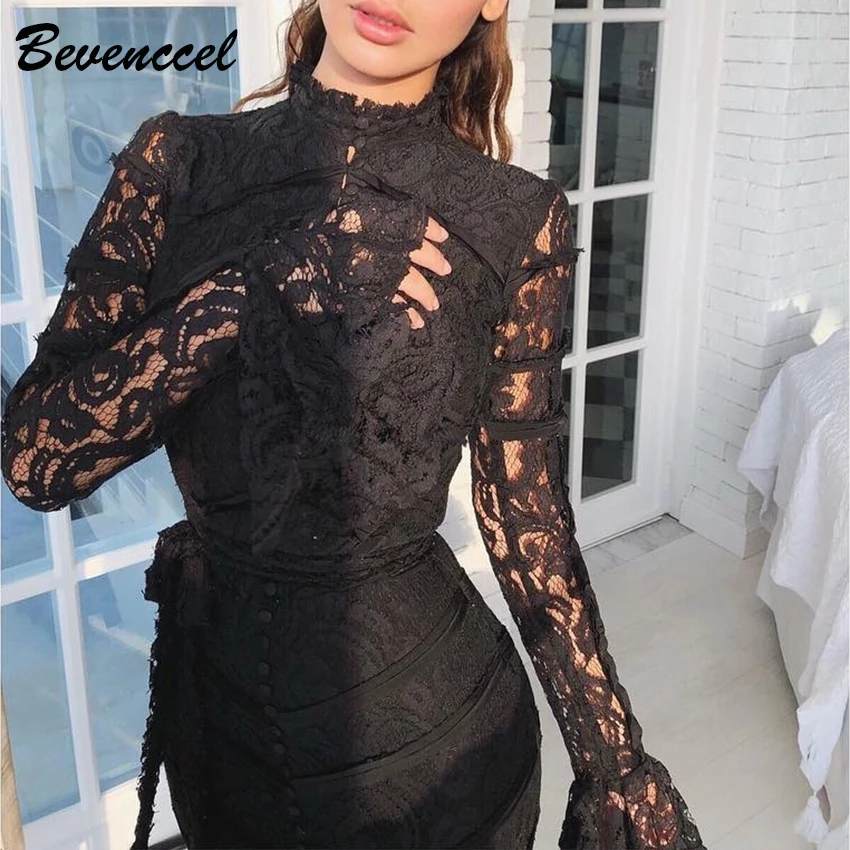 

2019 New Chic Black Nude Long Sleeve Lace Bandage Dress Women Elegant Celebrity Maxi Dress Vestidos Sexy Party Dress With Belt