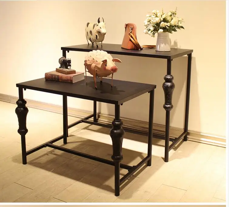 Clothing store display rack. High and low tables. Floor-to-ceiling display cabinets. Iron art vintage shoes bag shelves 1108