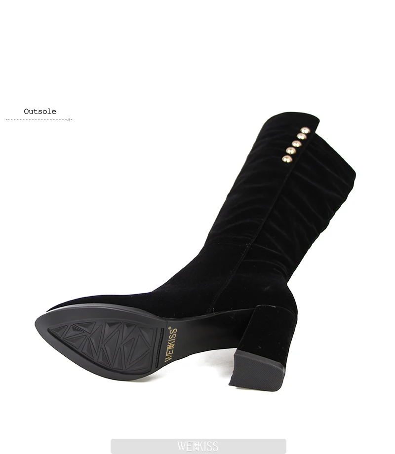 WETKISS/Черная Женская обувь из флока; женские сапоги до колена; высокие сапоги на толстом каблуке; зимние сапоги; очаровательные женские сапоги на молнии с металлическим украшением