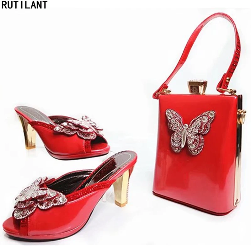 Red Color Italian Shoes with Matching Bag Set African Shoe and Bag Set To Match for Parties