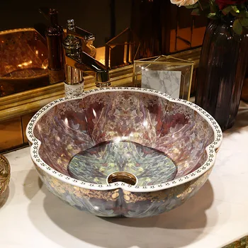 

Europe Vintage Style Art Porcelain Counter top Basin Sink Handmade Ceramic Bathroom Vessel Sink Vanities art basin ceramic basin