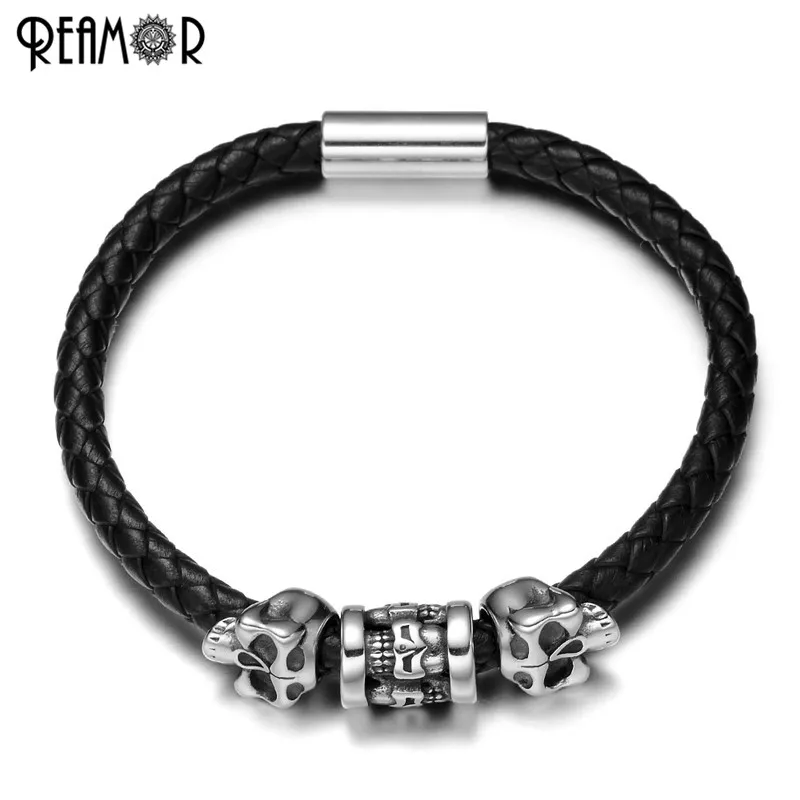 

REAMOR Genuine Leather Braided Men Charm Bracelet 316l Stainless steel Skull Beads Bracelet & Bangle with Magnetic Clasps